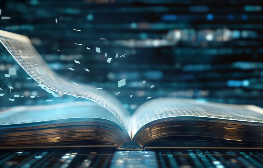 An open book transforming into a stream of ones and zeros, symbolizing the role of artificial intelligence (AI) in knowledge.