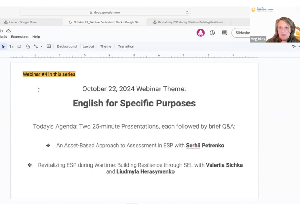 English for Specific Purposes webinar slide.