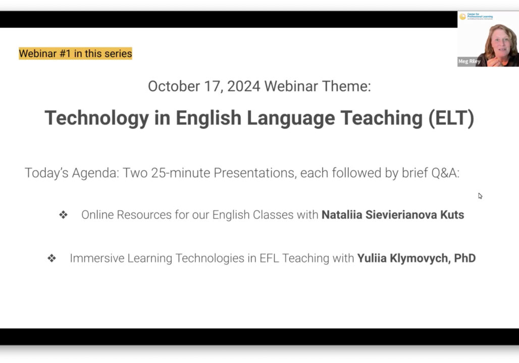 Technology in English Language Teaching webinar opening slide.
