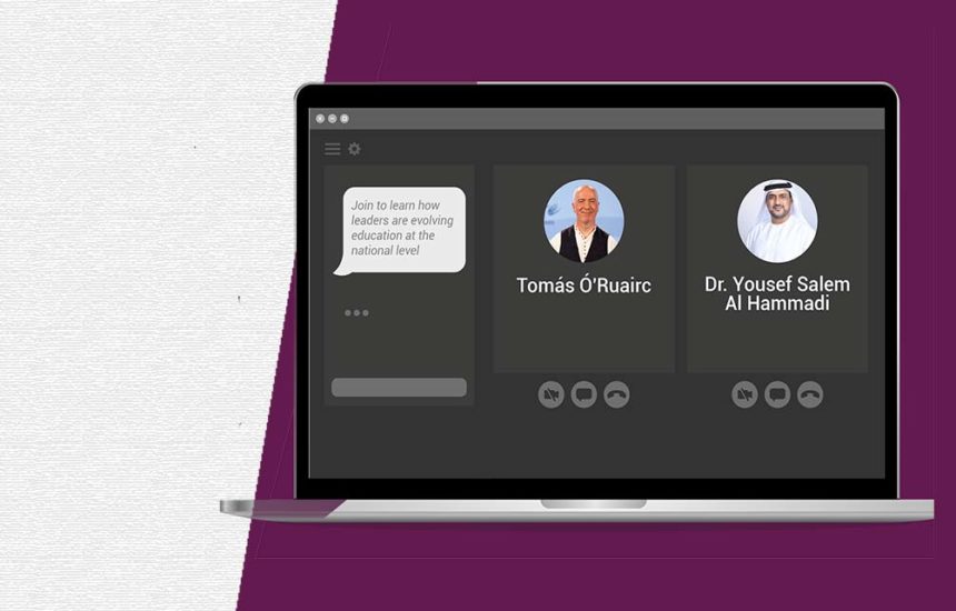 Webinar advertisement in a laptop graphic featuring Tomás Ó Ruairc and Dr. Yousef Salem Al Hammadi