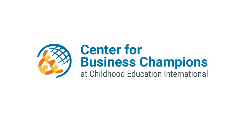 Logo for the Center for Business Champions, which features a yellow and orange image of three people holding their hands in the air inside of a blue globe