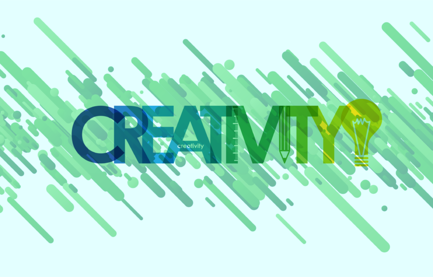 Blue background with green creative strokes overtop of it. Text says "CREATIVITY" with a lightbulb graphic at the end.