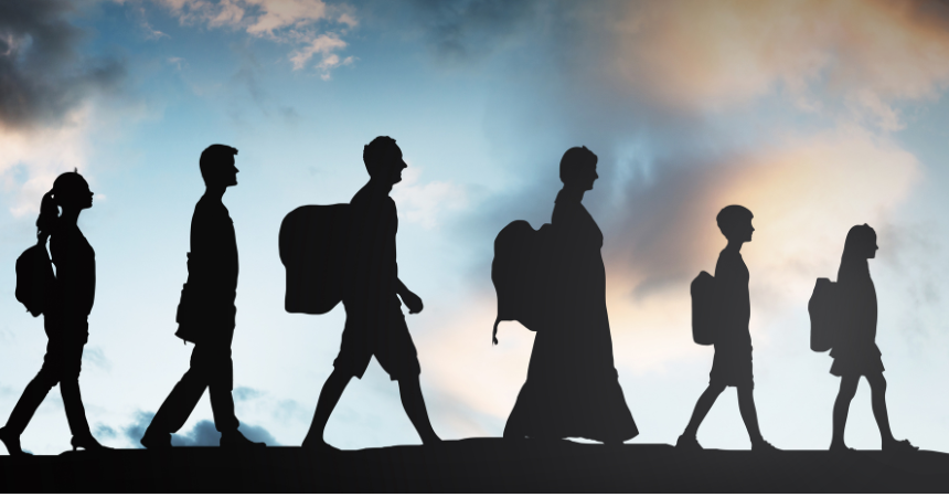 Shadows of people walking against a sky. They are wearing backpacks to represent fleeing/displacement