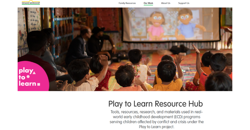 Play to Learn Resource Hub. Features an image of children watching a puppet show.