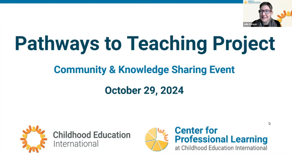The opening slide of a presentation entitled "Community Conversation and Project Sharing Event: Pathways to Teaching for Refugee and (Im)migrant Educators in the U.S."