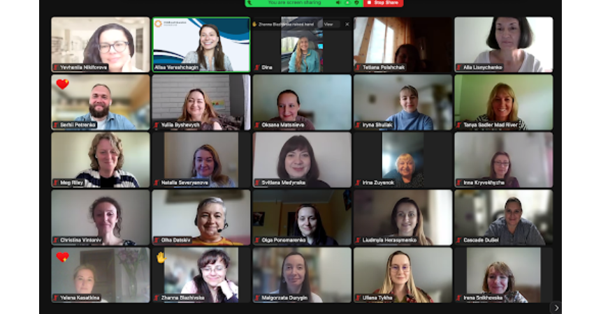 A screenshot of a Zoom meeting with many teachers from Ukraine and the U.S. taking part.