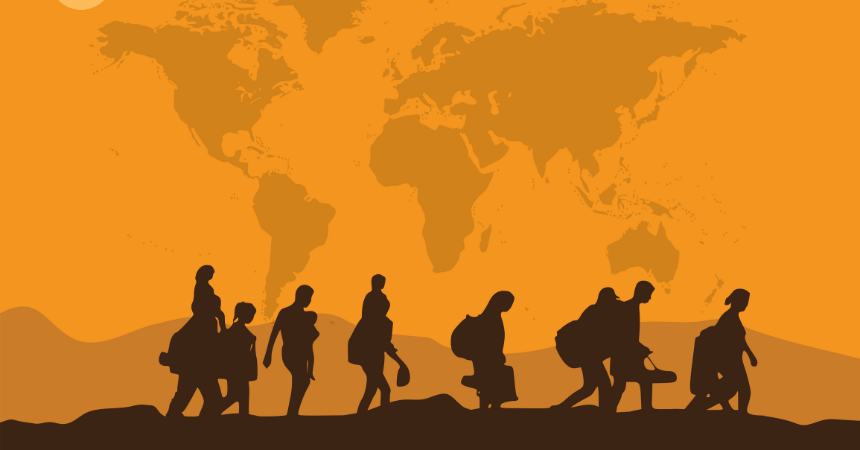 People fleeing in front of an image of the world