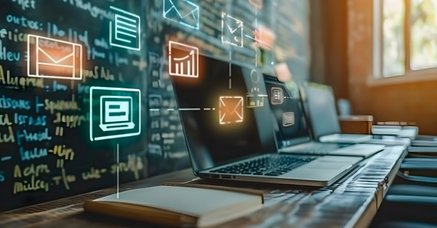 Laptops in front of a chalkboard, with images of electronic icons projected off of them, representing holistic language teaching and online learning.