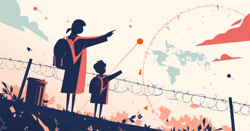 An illustration of two children standing next to a barbed-wire fence, pointing across it toward an image of the globe in the sky, representing a bright future ahead.