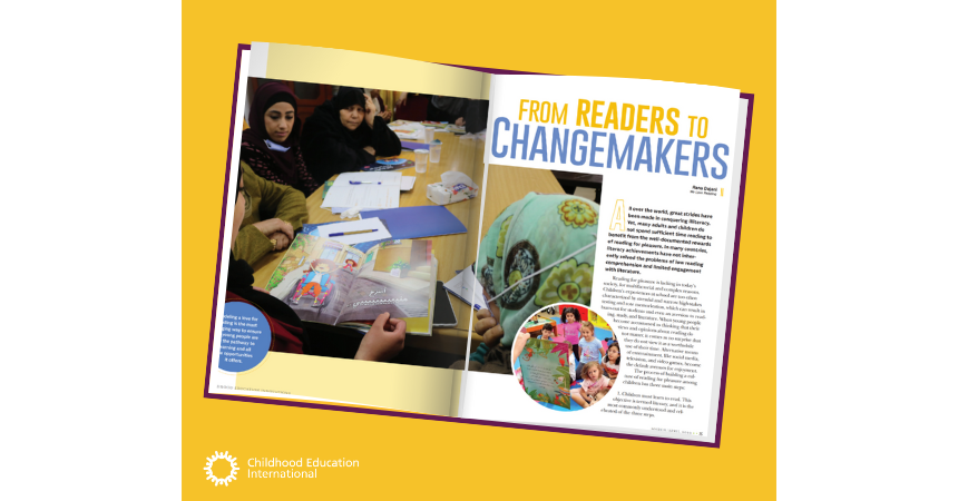 Yellow-and-white background with an image of an open magazine to the article "From Readers to Changemakers"