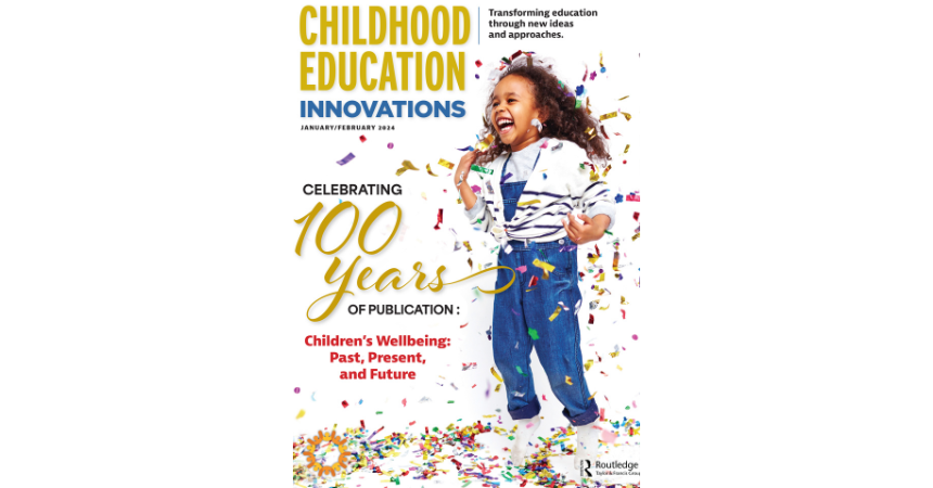 Cover of the Childhood Education Innovations 100th anniversary issue, which includes a photo of a young girl happily jumping among confetti and the words "Celebrating 100 years"