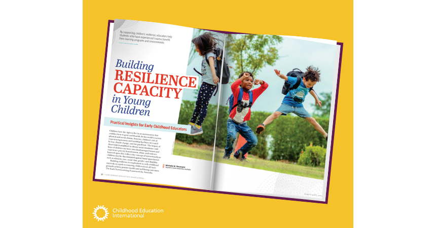 Image of a magazine open to the article "Building Resilience," with a yellow background behind it