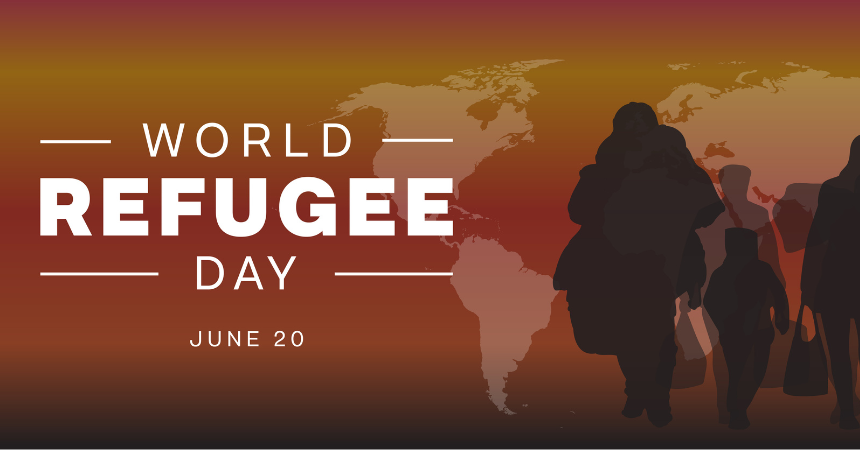 A brown background that shows the map of the earth, with silhouettes of people carrying bags. Text says, "World Refugee Day, June 20."